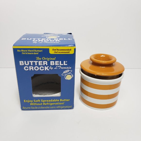 The Original Butter Bell Crock Yellow & White Striped Ceramic Butter Dish - Picture 3 of 13